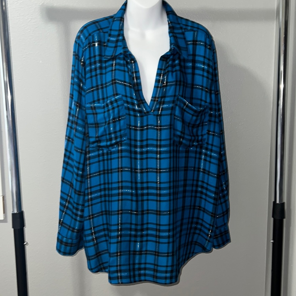 LOFT Turquoise Plaid Blouse Size XL